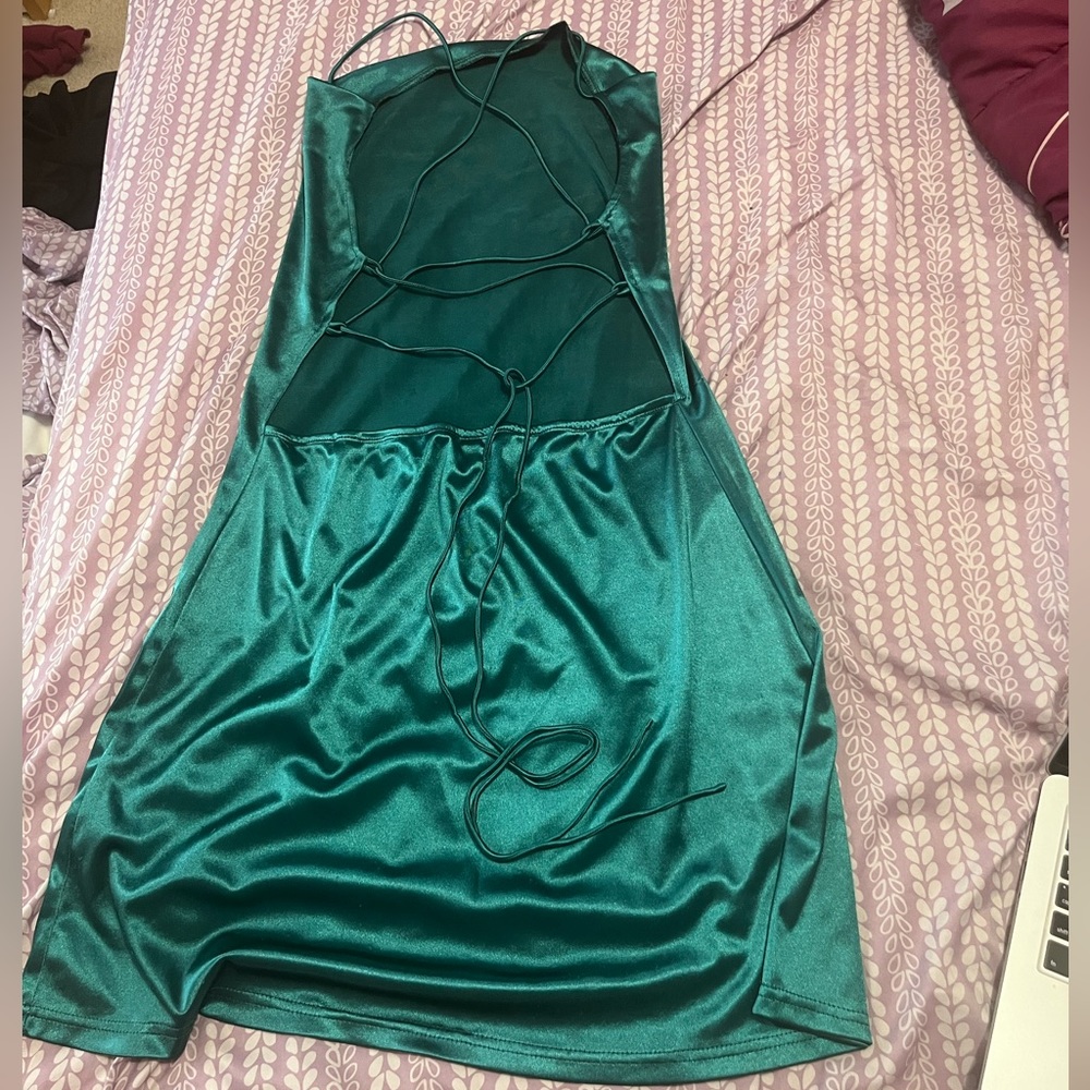 Zaful silk emerald green dress lace up back